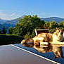 cat, reflection, outdoor, table, mountains, trees, nature, sunlight, sky, greenery, relaxation, animal, pet, daytime, scenery, chair, fur, resting, peaceful, landscape