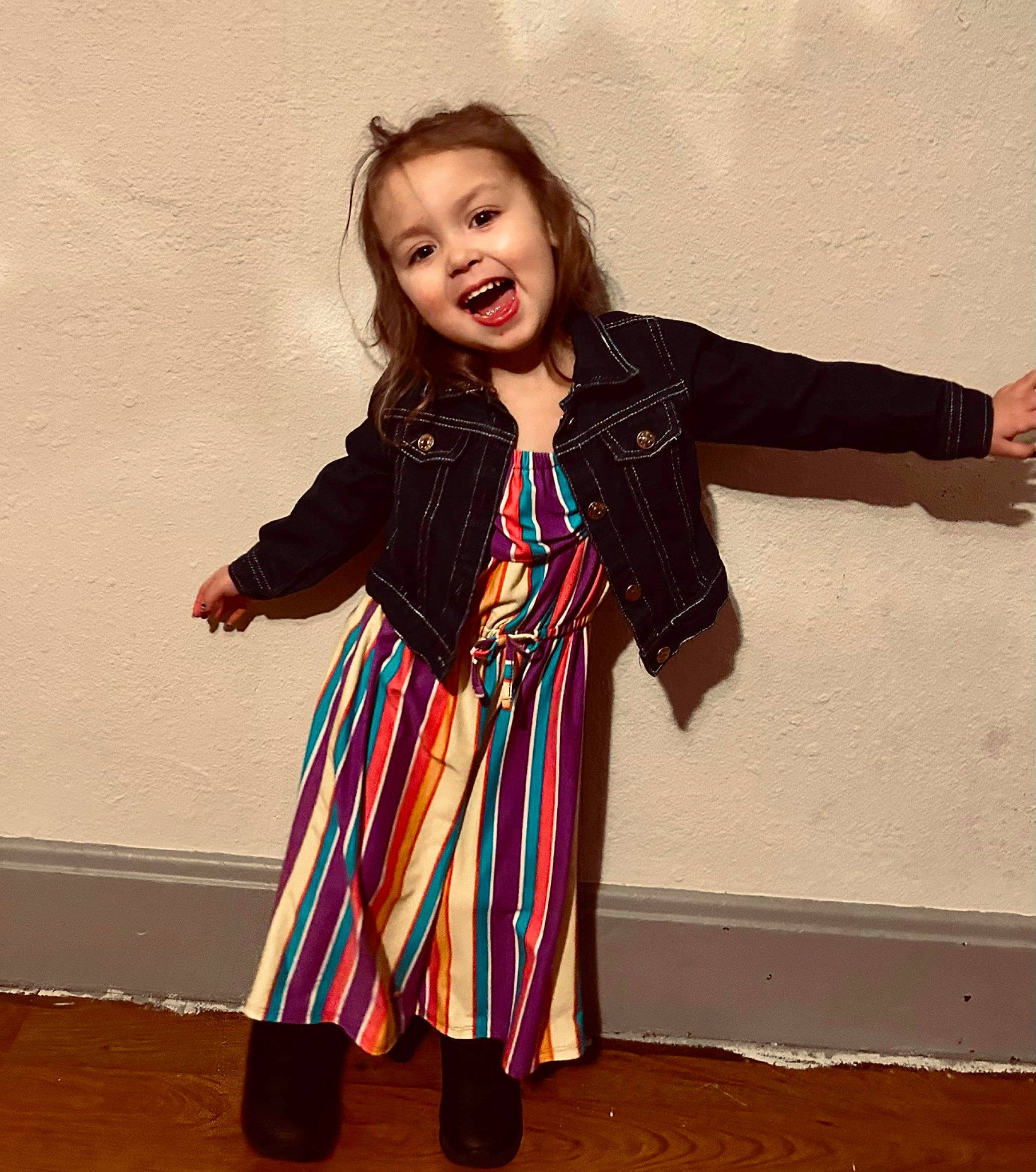 Amarah joined the competition — help win amazing prizes! child, costume, day_dress, electric_blue, entertainment, event, fashion_design, formal_wear, fun, gesture, happy, magenta, outerwear, pattern, performing_arts, person, shoulder, sleeve, smile, toddler