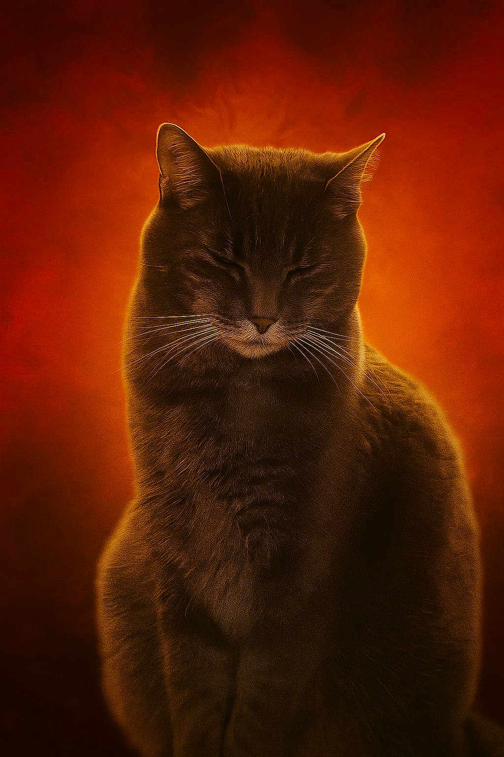 Grisou participe au concours pour gagner de l'argent avec cette photo : cat, feline, pet, animal, portrait, close_up, whiskers, ears, fur, orange_background, serene, calm, sitting, mystical, warm_light, domestic_cat, cute, furry, indoor, sleepy
