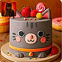 Grisou participe au concours pour gagner de l'argent avec cette photo : cake, cat_theme, fondant, strawberry, candy, dessert, food, cute, grey, ears, paws, pink, orange, round, sweet, background_blur, real_cat, inset_photo, celebration, colorful