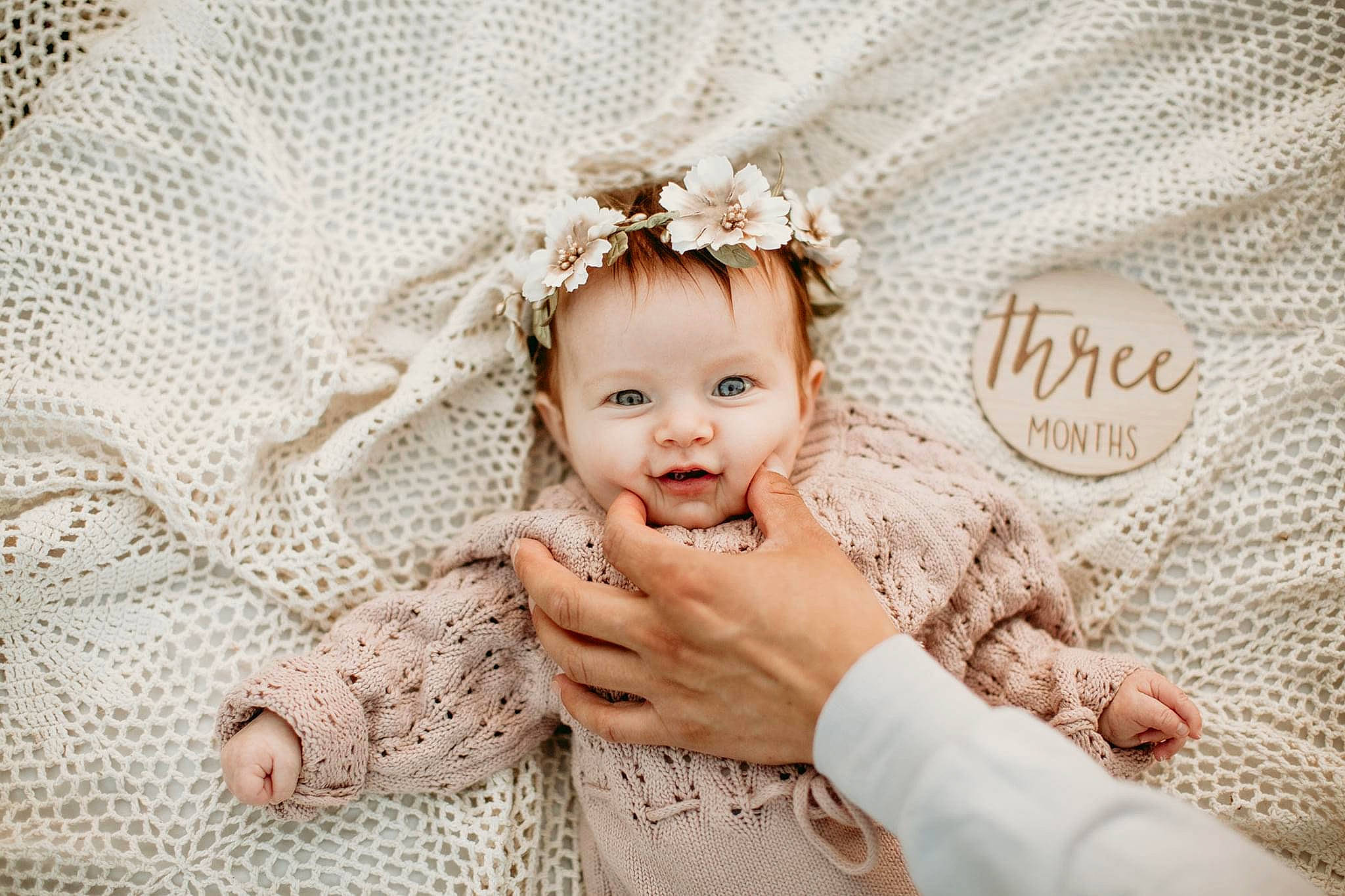 Estella joined the competition — help win amazing prizes! baby, baby_toddler_clothing, bridal_accessory, child, costume_hat, dress, embellishment, eyelash, gesture, happy, head, headband, headpiece, jewellery, pattern, person, petal, pink, skin, sleeve