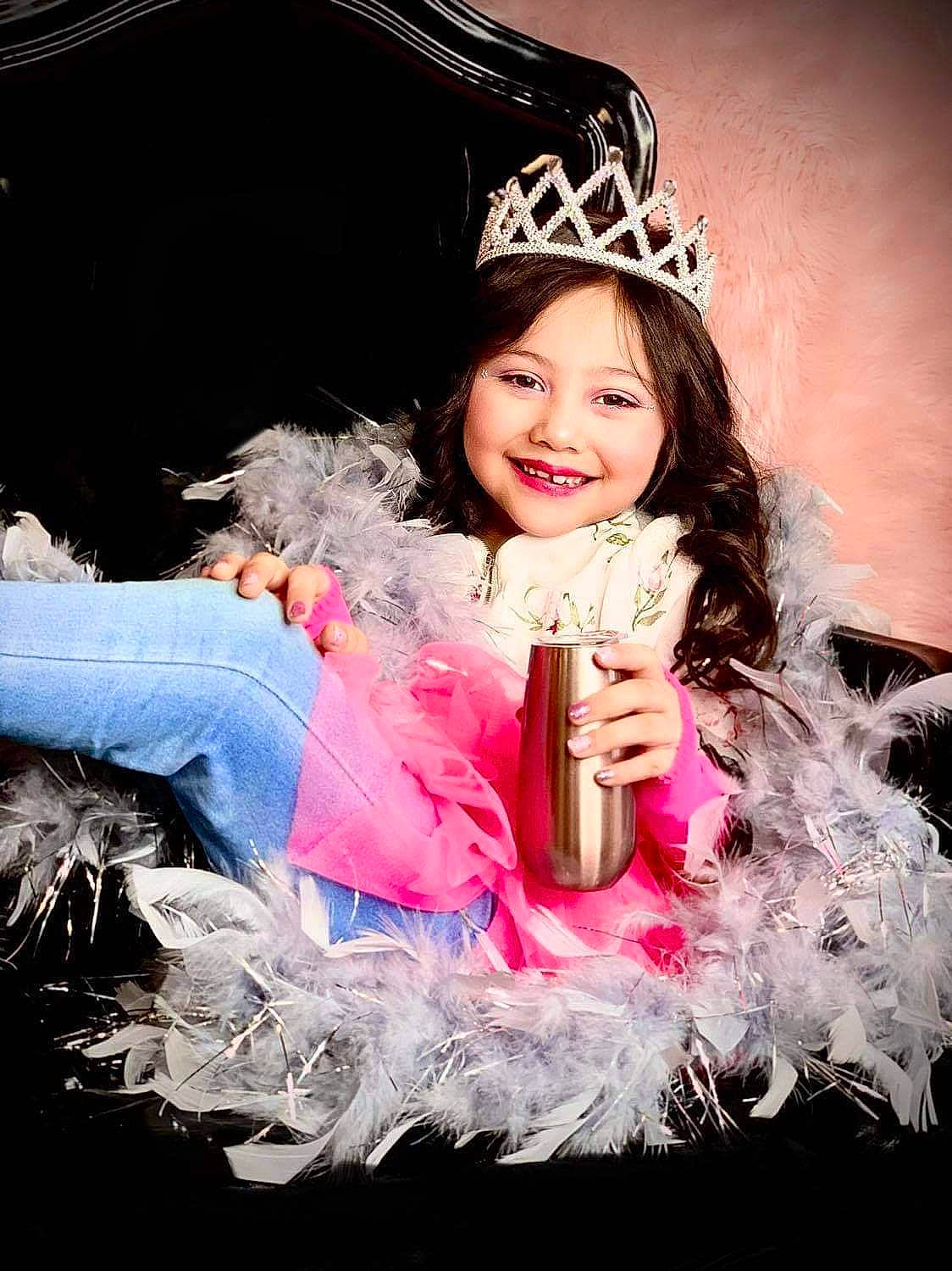 Isabella joined the competition — help win amazing prizes! animal_product, child_model, costume, costume_accessory, costume_hat, crown, fashion_accessory, feather_boa, fur, fur_clothing, hair_accessory, happy, headgear, headpiece, human, joy, makeover, natural_material, person, pink
