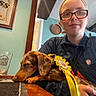 award_ribbon, brown_dog, celebration, dachshund, dog, drink, eyewear, glass, glasses, home, indoor, long_body, long_ears, person, portrait, selfie, sleeping, table, winner, yellow_ribbon