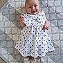 baby, infant, smiling, dress, polka_dot, bow, blanket, carpet, footwear, socks, cute, happy, lying_down, child, portrait, indoors, texture, pattern, white, gray