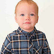 Oakley is registered to the contest to win money with this photo: toddler, child, portrait, blue_eyes, red_hair, plaid_shirt, casual_clothing, buttoned_shirt, young_child, innocence, studio_photo, white_background, curious_expression, face, person, head_and_shoulders, indoor, cute, smile, fashion