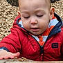 child, close_up, clothing, curious, daylight, exploring, face, hand, nature, outdoor, person, play, portrait, red_jacket, toddler, tree_trunk, winter_clothing, wood, wood_chips, young_child