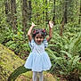 Ishika is registered to the contest to win money with this photo: child, girl, forest, tree_stump, moss, greenery, dress, blue_dress, playful, happy, nature, outdoor, trees, ferns, smiling, cute, standing, shoes, pigtails, young