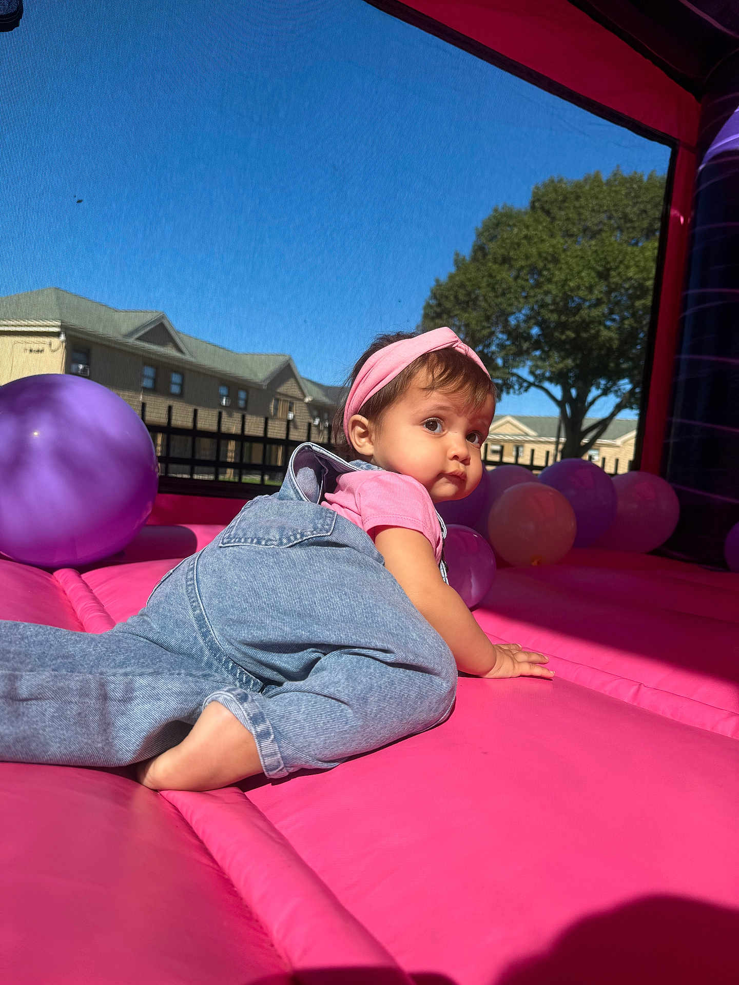 Leilani Veglia joined the competition — help win amazing prizes! toddler, child, baby, overalls, headband, pink, purple, balloons, inflatable, outdoor, daylight, sky, tree, building, crawling, play, fun, cute, person, summer