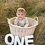 baby, basket, grass, outdoor, child, smiling, sweater, nature, field, letters, one, celebration, cute, portrait, infant, first_birthday, happy, young, sitting, daylight