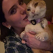 Max joined the competition — help win amazing prizes! person, cat, animal, pet, orange_cat, white_cat, indoor, close_up, face, hand, plaid_shirt, jewelry, earring, ring, bracelet, collar, tag, expression, feline, holding