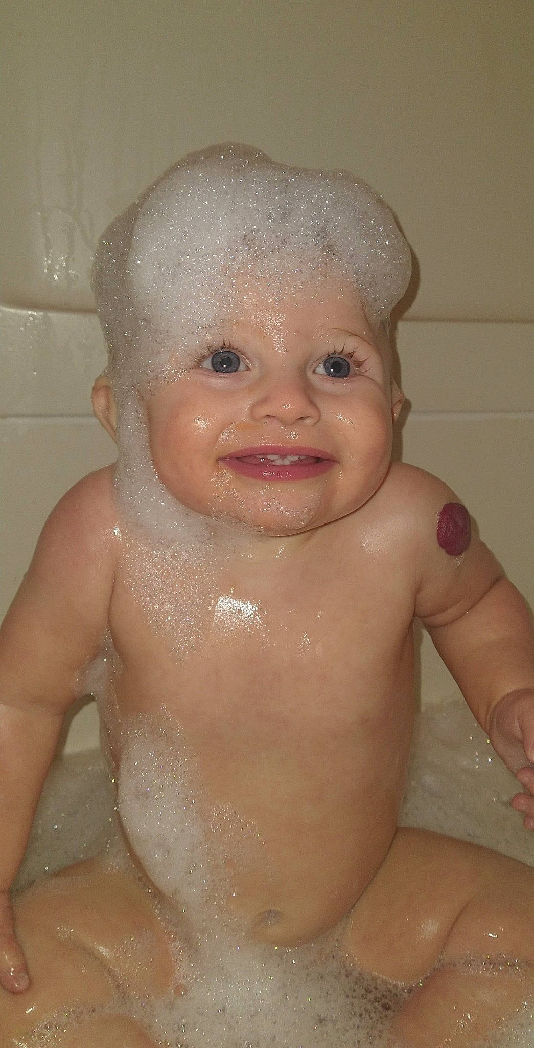 Elaina joined the competition — help win amazing prizes! baby_bathing, bathing, bathroom, bathtub, cheek, chest, eye, eyebrow, fluid, foam, hand, headwear, human_body, jaw, joy, lip, mouth, muscle, nose, person