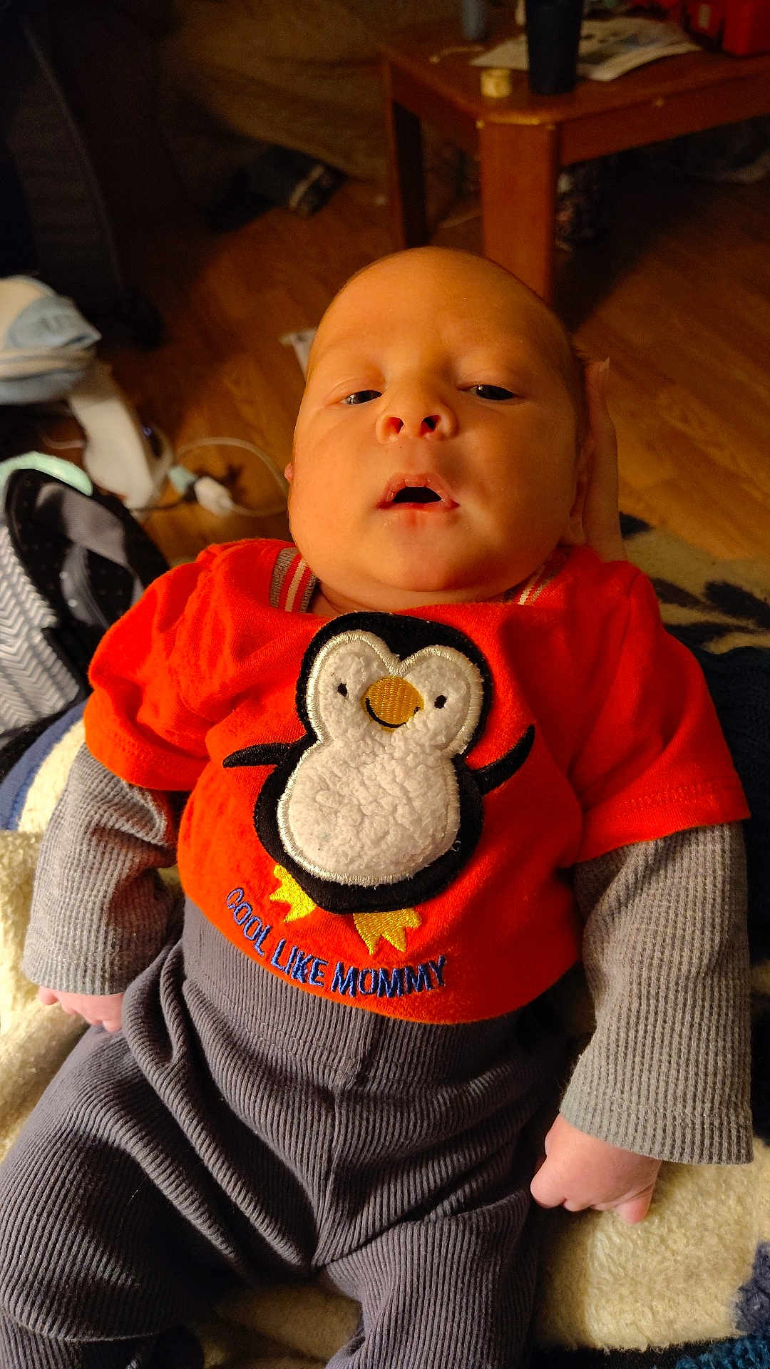Jackson joined the competition — help win amazing prizes! baby, infant, child, penguin_patch, orange_shirt, clothing, gray_pants, hand, face, indoors, wooden_floor, table, blanket, cozy, cute, portrait, person, newborn, casual_wear, relaxed