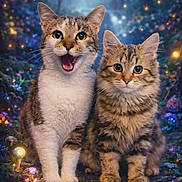 Genny a rejoint le concours — aidez-le/la à gagner de superbes lots ! adorable, bokeh, cat, close_up, cute, fairy_lights, fantasy, feline, forest, glowing_mushrooms, kitten, magical, nature, pair, paws, portrait, sitting, tabby, whiskers, wide_eyes