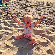 Ivy Mae Bell is registered to the contest to win money with this photo: child, beach, sand, water, sunlight, happy, smiling, summer, outdoor, play, ocean, shore, casual_clothing, blond_hair, sunshine, fun, vacation, relaxation, person, nature