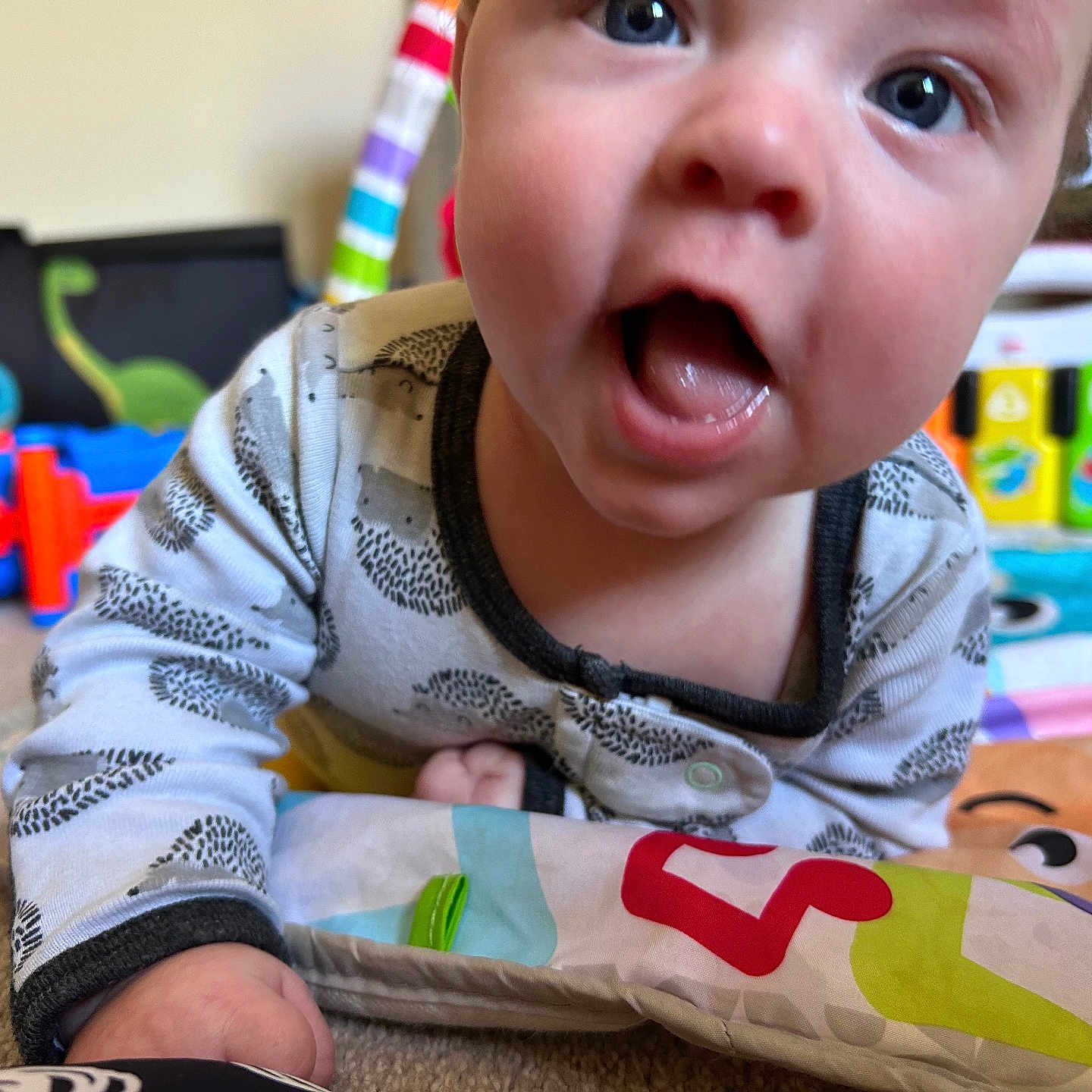 Paxton joined the competition — help win amazing prizes! architecture, baby, bodypart, building, couch, crawling, crying, face, finger, furniture, hand, happy, head, indoors, livingroom, mouth, person, photography, portrait, room