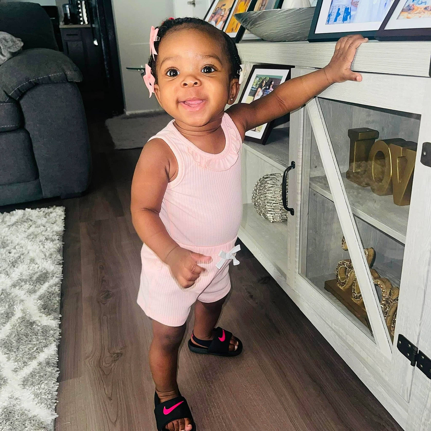 Lydia joined the competition — help win amazing prizes! baby_toddler_clothing, cool, floor, flooring, footwear, hairstyle, happy, joint, joy, leg, person, photograph, product, shorts, shoulder, sleeve, smile, t_shirt, thigh, toddler