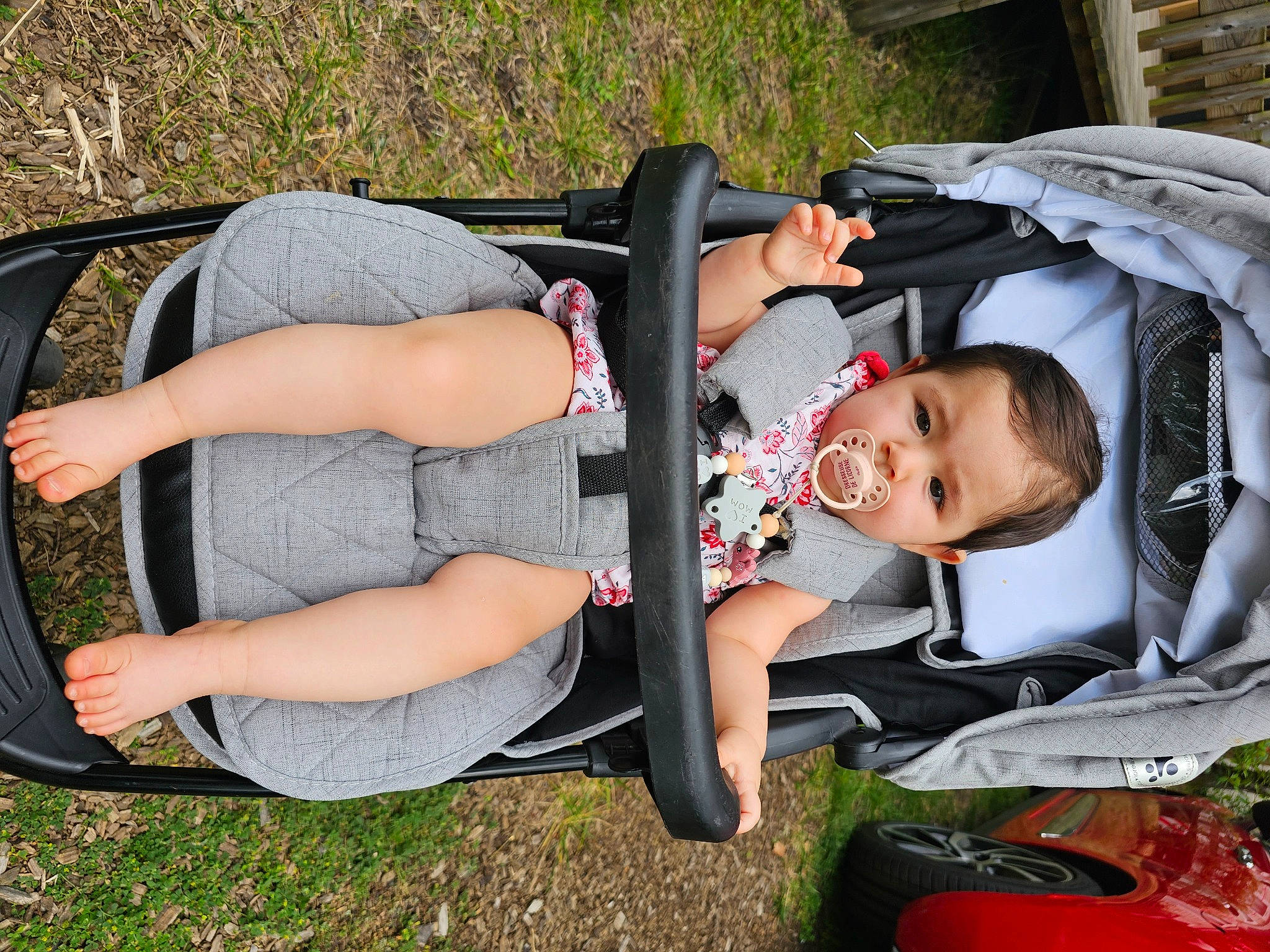 Freya participe au concours pour gagner de l'argent avec cette photo : auto_part, baby, baby_carriage, baby_products, baby_toddler_clothing, bag, comfort, fun, grass, human_leg, lap, leisure, luggage_and_bags, person, plant, recreation, sitting, thigh, toddler, tree
