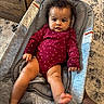 Lainie joined the competition — help win amazing prizes! baby, infant, child, onesie, polka_dot, maroon_clothing, baby_rocker, gray_fabric, curly_hair, indoor, carpet, wooden_furniture, foot, hand, face, portrait, cute, seated, kicking, looking_at_camera