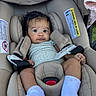 baby, infant, car_seat, child, safety_belt, onesie, socks, curly_hair, wide_eyes, indoor, seat_belt, cushion, warning_label, fabric, cute, portrait, person, small_child, soft_lighting, toddler