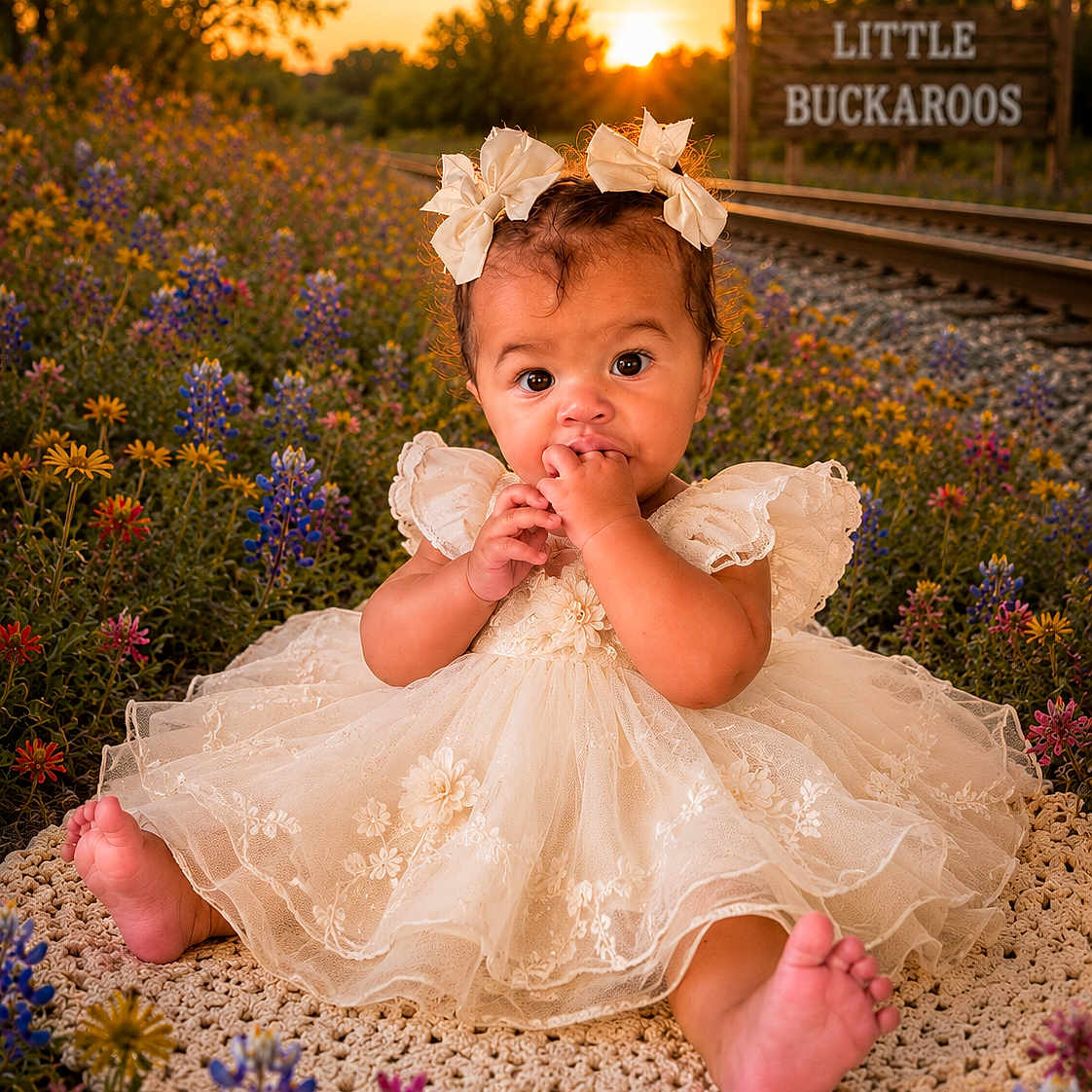 Lainie is registered to the contest to win money with this photo: baby, child, girl, dress, bows, wildflowers, field, sunset, crocheted_mat, railroad_tracks, sign, nature, outdoor, portrait, cute, sitting, fingers_in_mouth, curious, flower_field, scenic