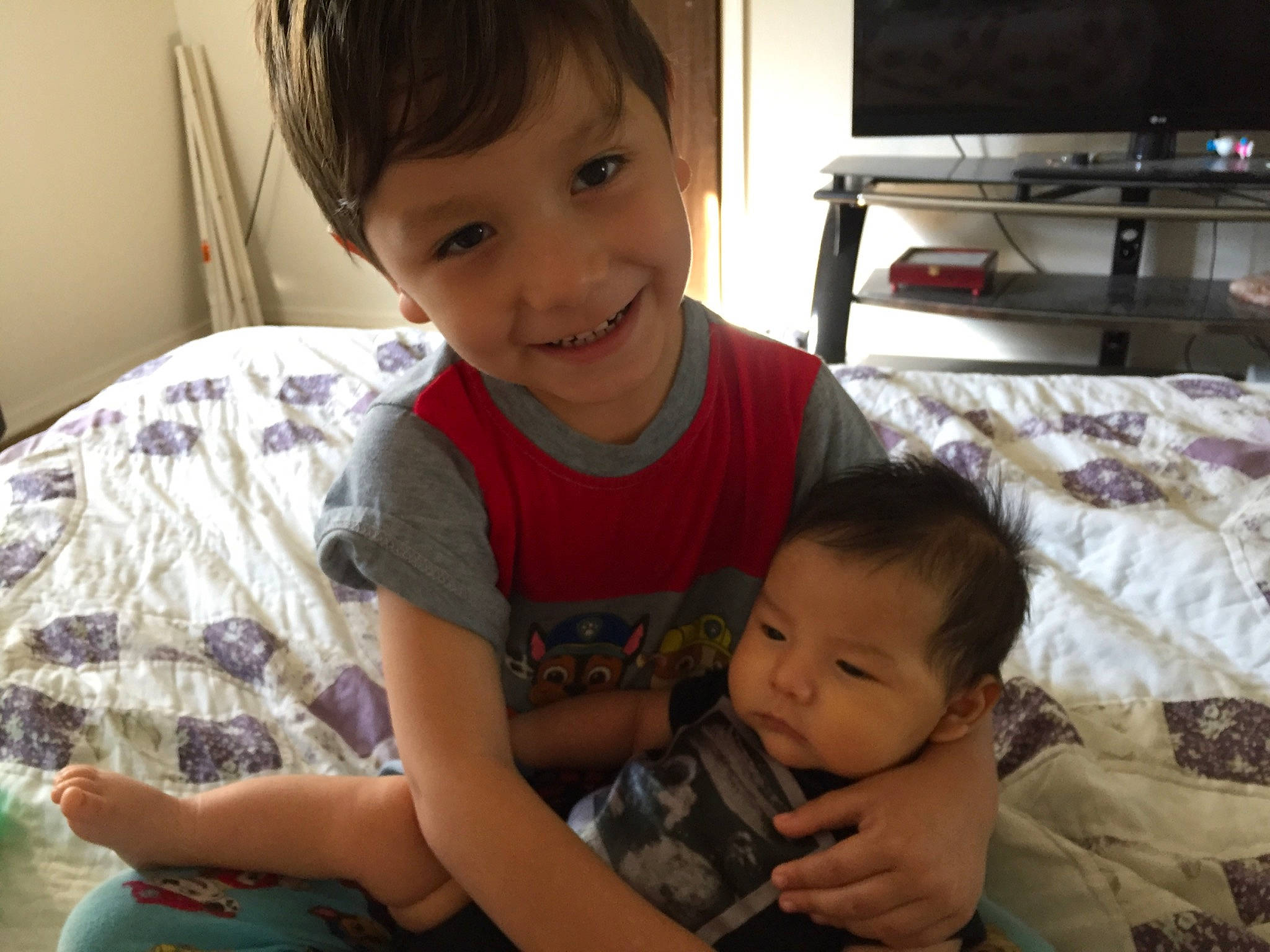 Justin Jr joined the competition — help win amazing prizes! arm, baby, child, ear, face, happy, head, joy, mother, person, play, sharing, sibling, skin, smile, toddler