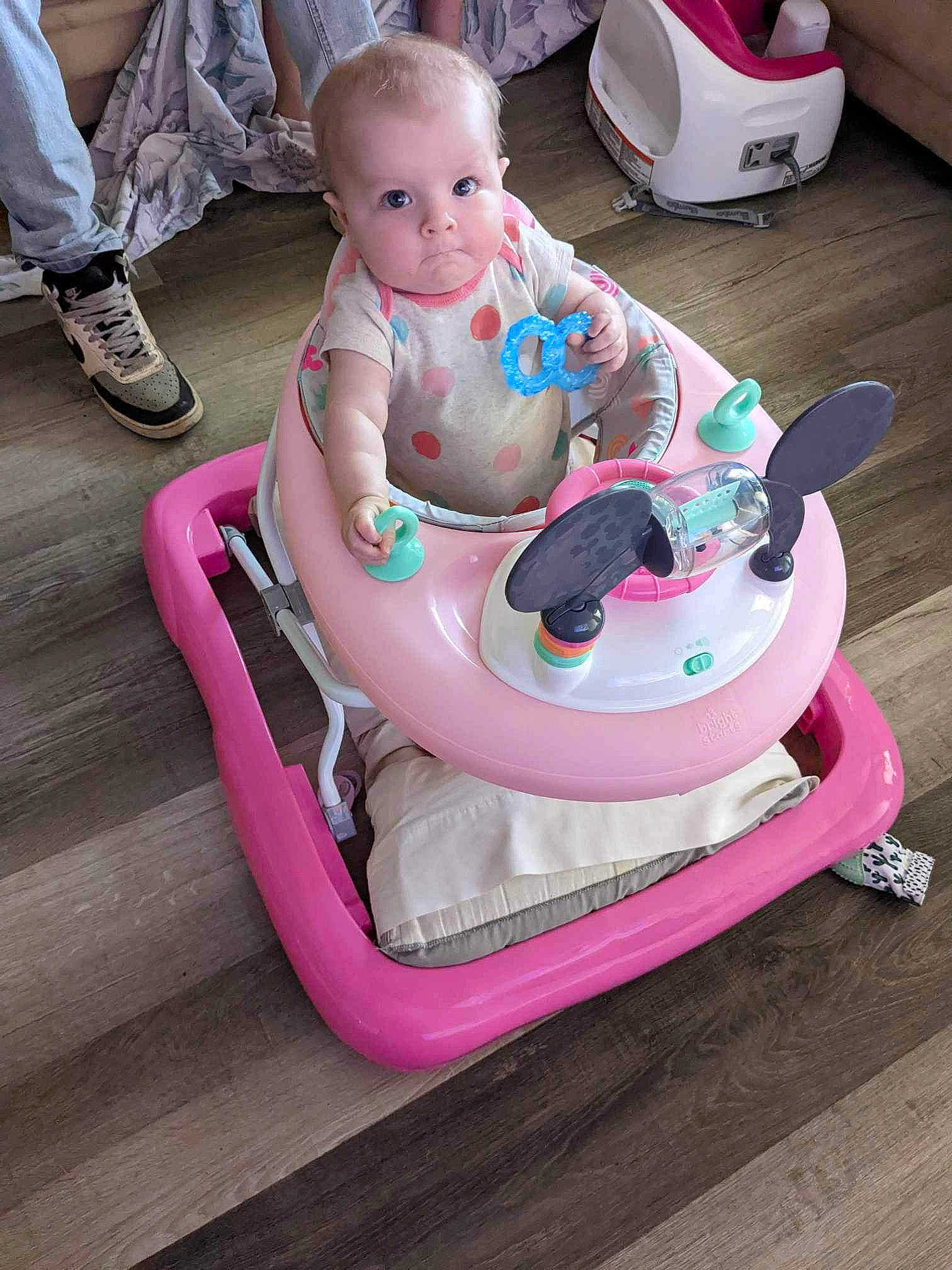 Maisie joined the competition — help win amazing prizes! baby, baby_products, baby_toddler_clothing, baby_toys, bumper, carmine, child, flooring, fun, happy, leisure, magenta, person, pink, play, recreation, riding_toy, sitting, toddler, toy
