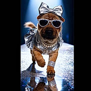 Curlie a rejoint le concours — aidez-le/la à gagner de superbes lots ! accessories, animal, bling, bracelet, cute, dog, fashion, glamour, jewelry, necklace, pet, portrait, puppy, reflection, runway, shiny, silver_bow, studio_lighting, sunglasses, walking
