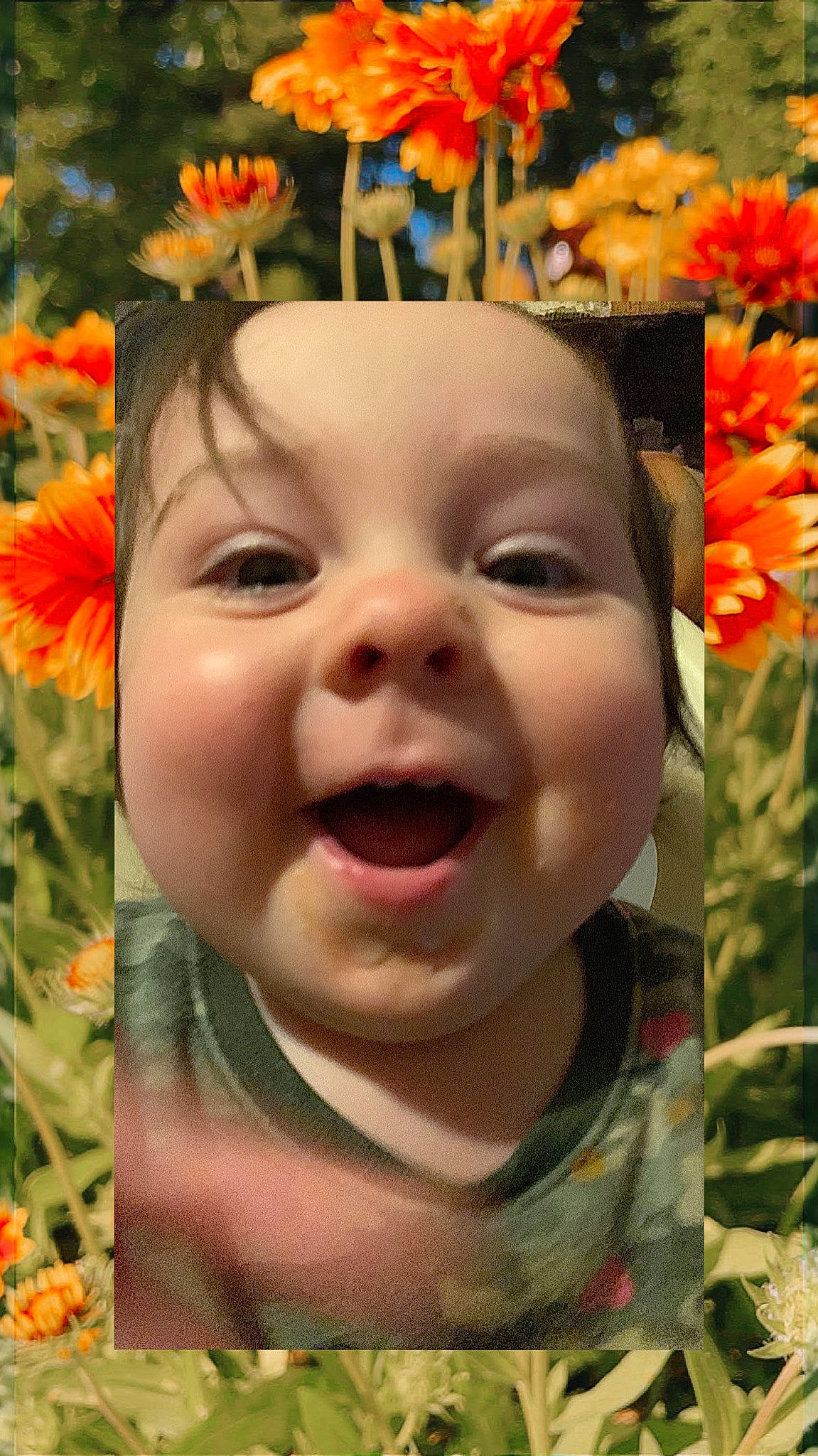 Kelly is registered to the contest to win money with this photo: cheek, eye, face, facial_expression, flower, grass, happy, head, iris, leaf, lip, mouth, nose, orange, organ, people_in_nature, person, petal, photograph, plant