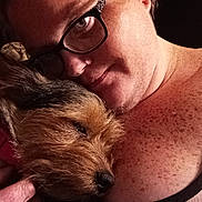 Otis James joined the competition — help win amazing prizes! accessories, adult, airedale, animal, bodypart, canine, dog, face, female, finger, glasses, hand, head, person, pet, photography, portrait, puppy, terrier, woman