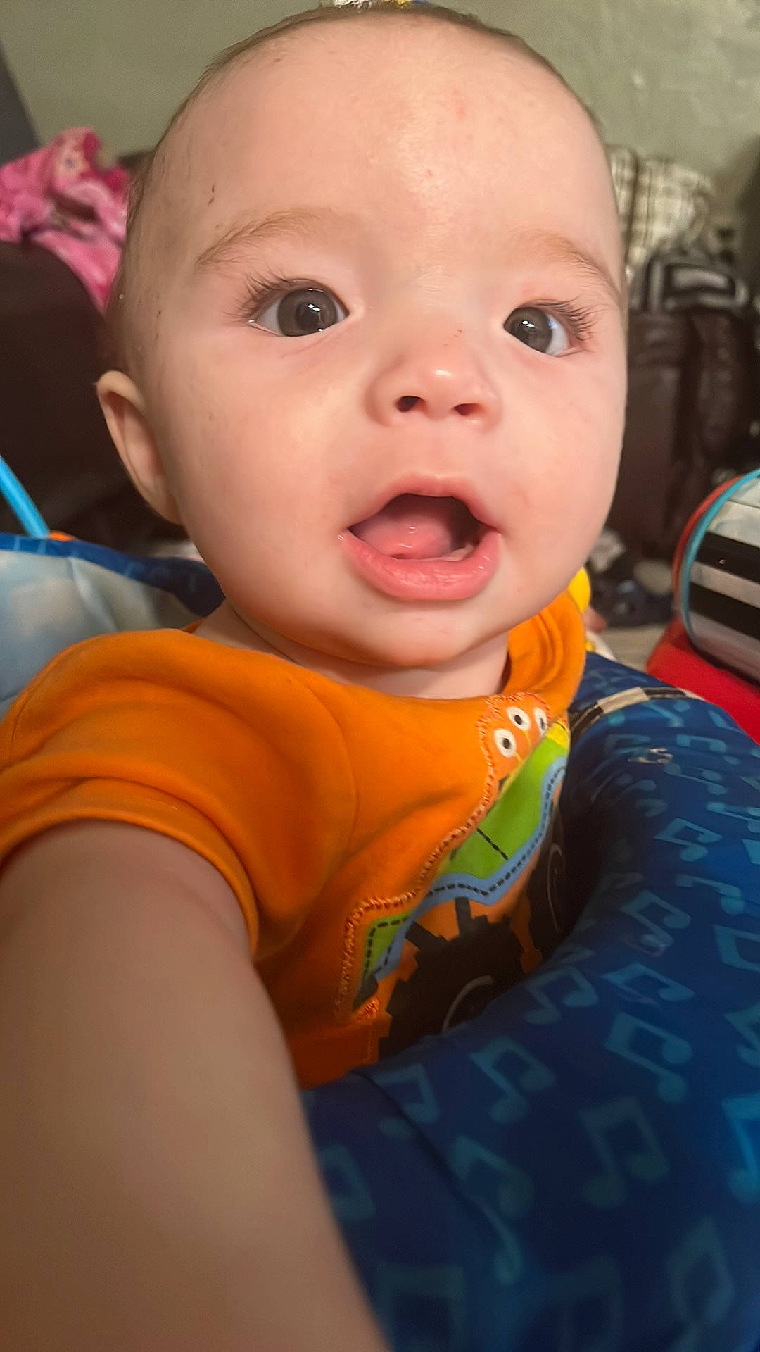 Ayden joined the competition — help win amazing prizes! baby, baby_toddler_clothing, cheek, child, chin, eyebrow, eyelash, fun, happy, iris, lip, mouth, nose, orange, person, skin, smile, surprise, surprised, t_shirt
