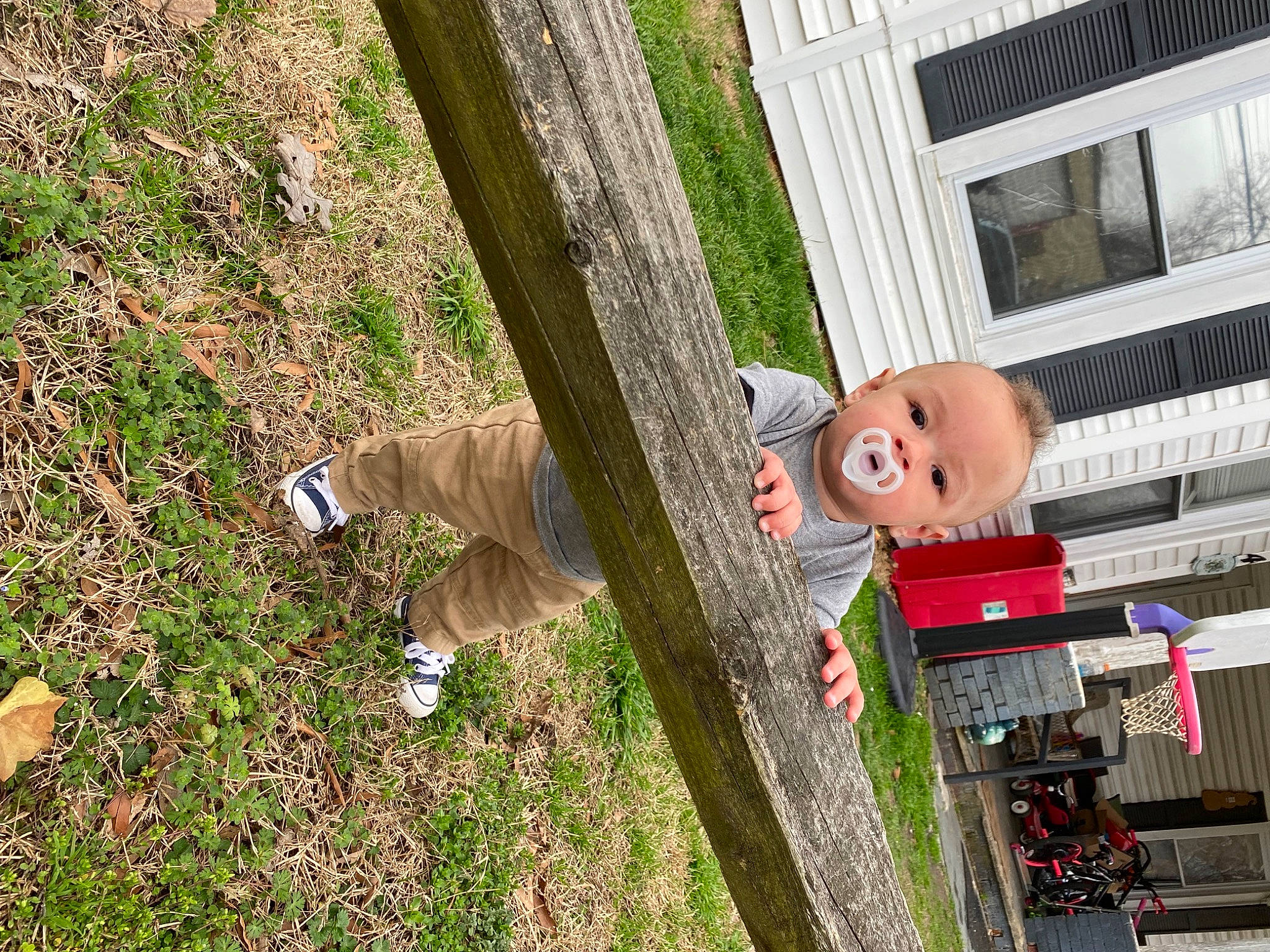 Jaxon is registered to the contest to win money with this photo: baby, backyard, building, child, facade, fun, grass, house, human_leg, leisure, people_in_nature, person, plant, siding, soil, toddler, tree, window, wood, yard
