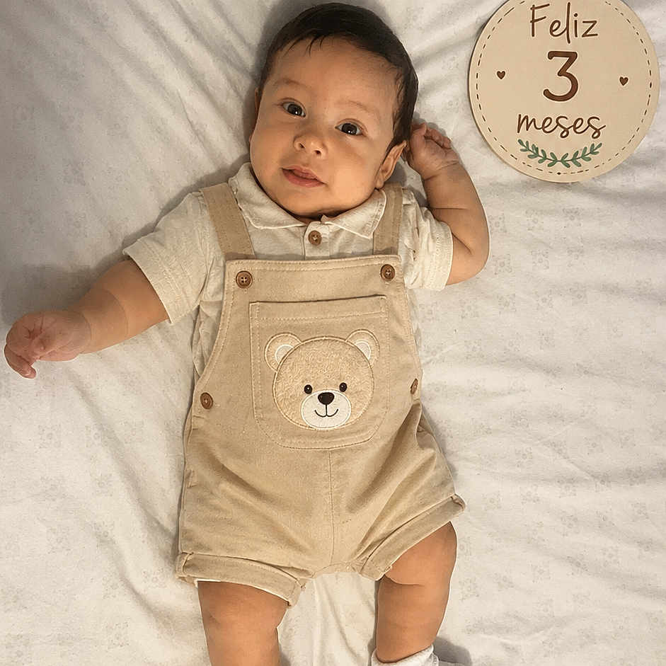 Grabiel Jesus is registered to the contest to win money with this photo: baby, infant, overalls, teddy_bear, blanket, white, lying_down, cute, smiling, celebration, sign, text, socks, child, portrait, indoors, soft_lighting, happy, young, person