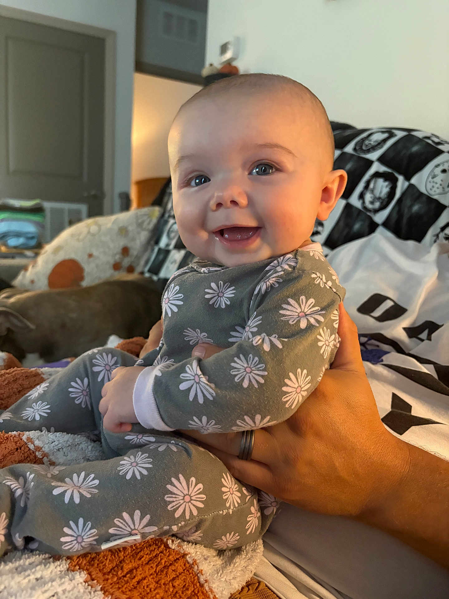 Violet is registered to the contest to win money with this photo: baby, child, smiling, onesie, floral_pattern, person, hand, indoor, happy, dog, blanket, seated, cozy, portrait, cute, face, skin, comfort, home, family