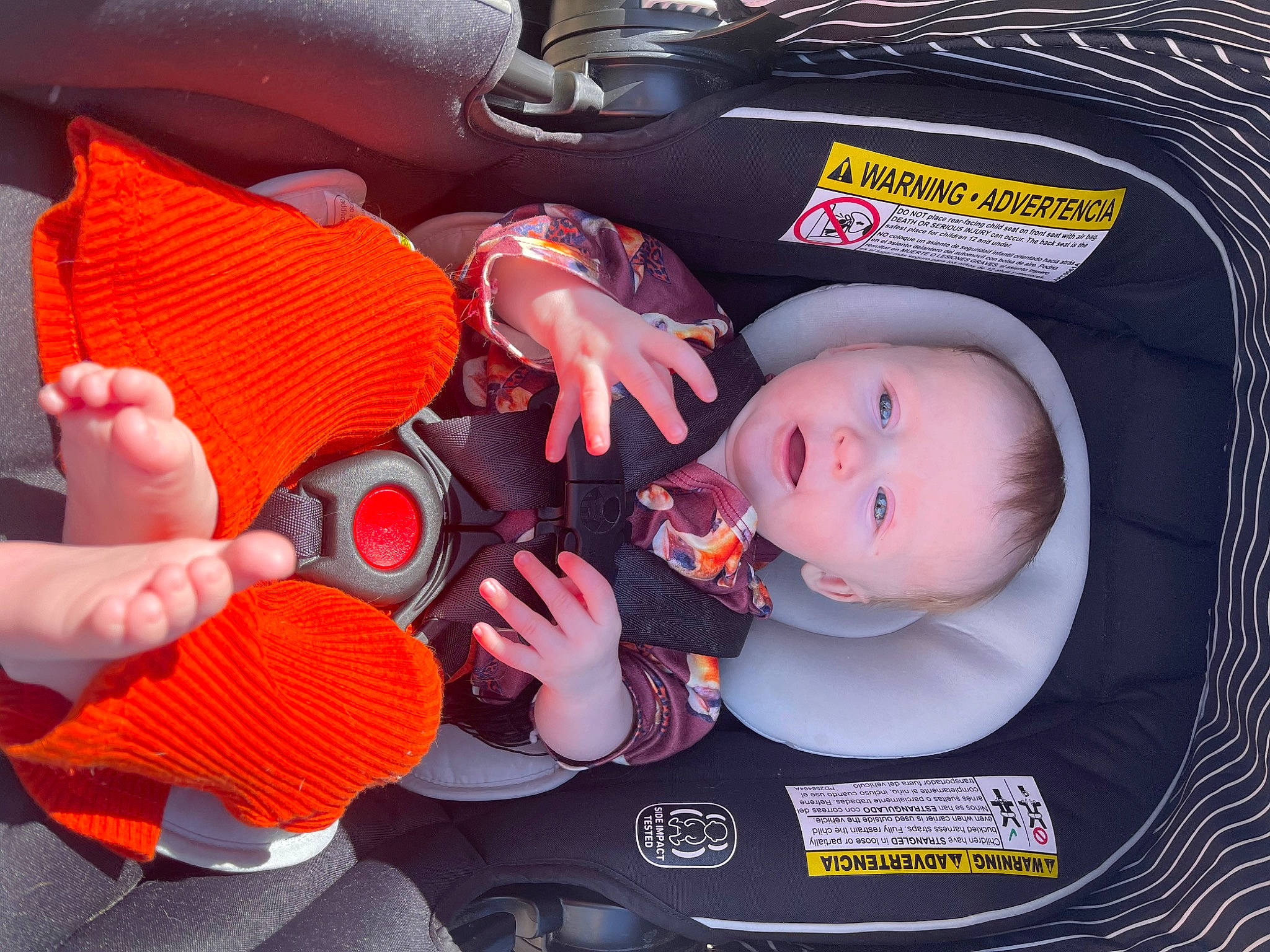 Maeve joined the competition — help win amazing prizes! auto_part, baby, baby_carriage, baby_in_car_seat, baby_products, baby_toddler_clothing, car_seat, carmine, child, comfort, finger, gesture, hand, lap, mouth, nail, orange, person, thumb, toddler