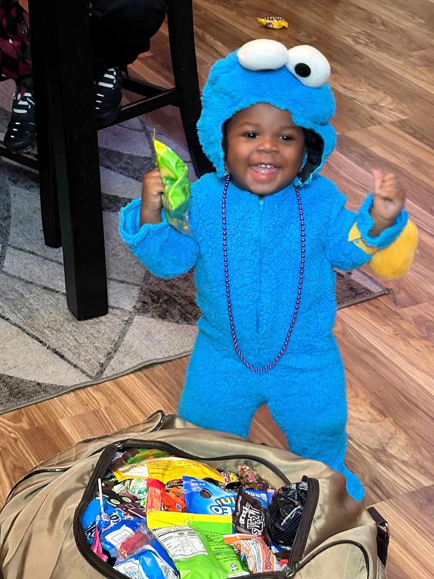 Josiah is registered to the contest to win money with this photo: toddler, child, costume, cookie_monster, blue, candy, bag, floor, wooden_floor, happy, smiling, indoor, beads, purple, toy, celebration, clothing, person, furniture_leg, footwear