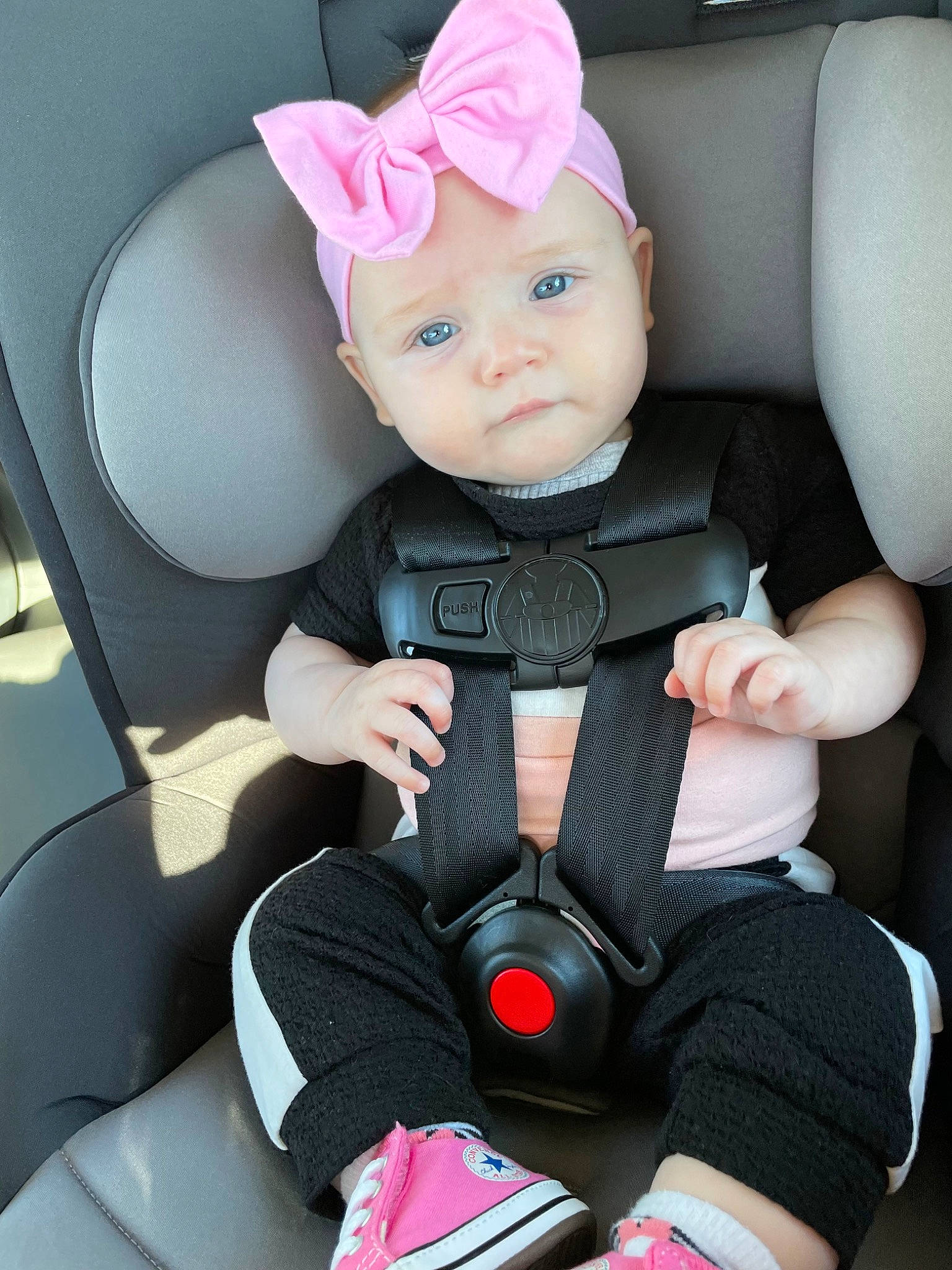 Bellamy is registered to the contest to win money with this photo: auto_part, baby, baby_carriage, baby_products, baby_toddler_clothing, car_seat, car_seat_cover, carmine, child, comfort, doll, head_restraint, headwear, luxury_vehicle, person, pink, product, seat_belt, sitting, toddler