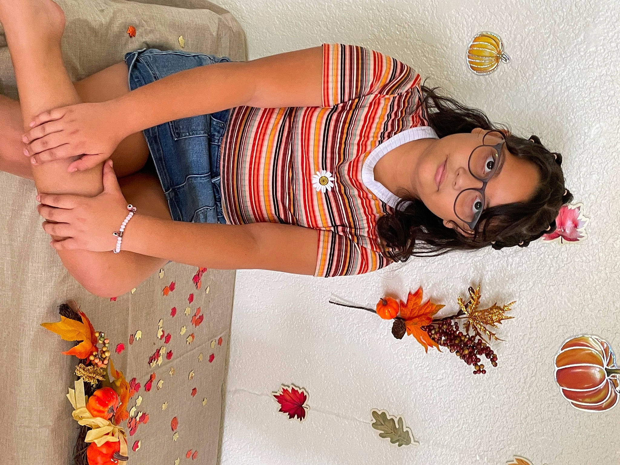 Melanie joined the competition — help win amazing prizes! dress, eyewear, flower, glasses, hair, hand, human_body, joint, knee, leg, orange, person, petal, plant, summer, sunglasses, textile, thigh, waist, white