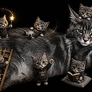 Bora a rejoint le concours — aidez-le/la à gagner de superbes lots ! cat, kitten, digital_art, fantasy, magic, hoodie, book, ladder, sparkles, black_background, whimsical, cute, playful, animal, illustration, small_animals, reading, photography, climbing, anthropomorphic