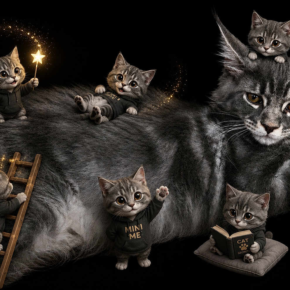 Bora a rejoint le concours — aidez-le/la à gagner de superbes lots ! cat, kitten, digital_art, fantasy, magic, hoodie, book, ladder, sparkles, black_background, whimsical, cute, playful, animal, illustration, small_animals, reading, photography, climbing, anthropomorphic