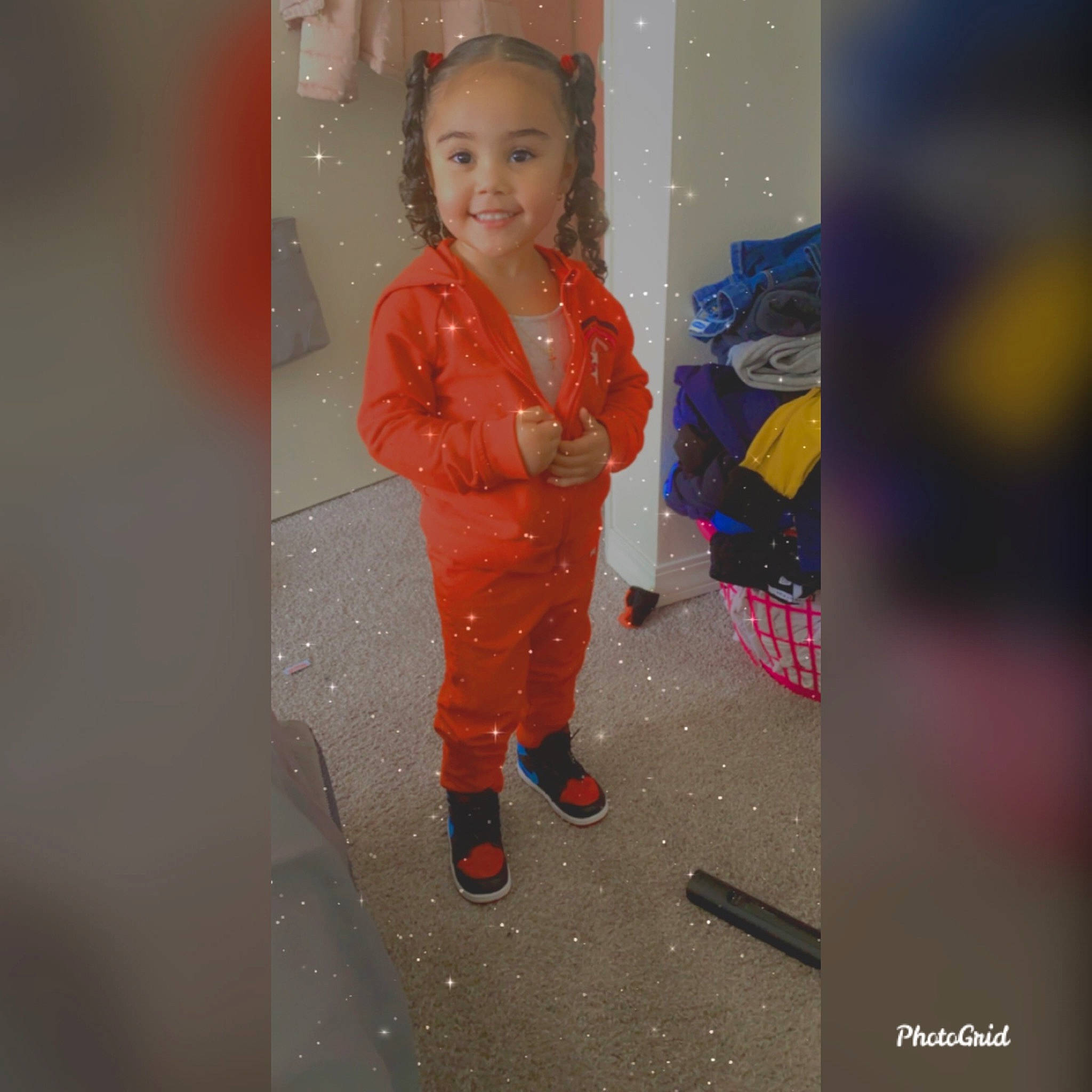 Lani is registered to the contest to win money with this photo: child, fun, joy, orange, outerwear, person, smile, standing, toddler