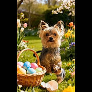 Nico Bb participe au concours pour gagner de l'argent avec cette photo : dog, puppy, basket, easter_eggs, eggs, grass, flowers, tulip, garden, outdoor, spring, cute, pet, small_dog, fur, ears, paws, wicker_basket, egg_shell, sunlight