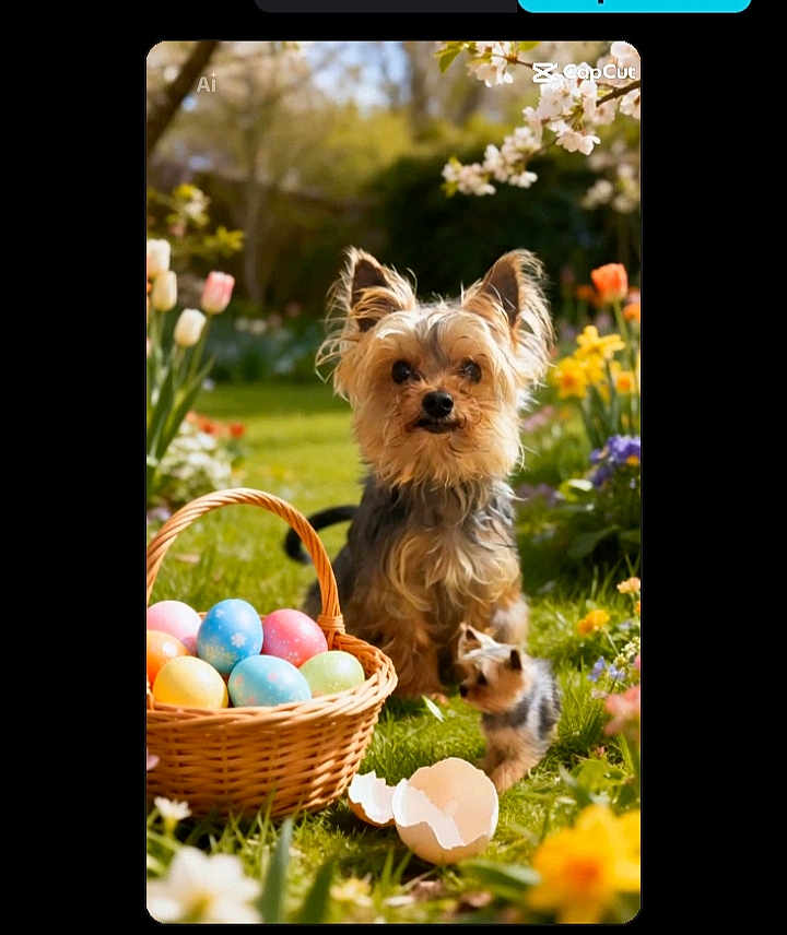 Nico Bb participe au concours pour gagner de l'argent avec cette photo : dog, puppy, basket, easter_eggs, eggs, grass, flowers, tulip, garden, outdoor, spring, cute, pet, small_dog, fur, ears, paws, wicker_basket, egg_shell, sunlight