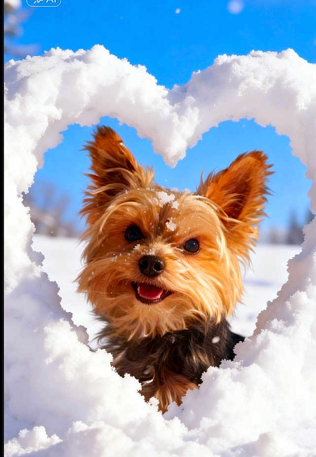 Nico participe au concours pour gagner de l'argent avec cette photo : dog, yorkshire_terrier, small_dog, snow, heart_shape, winter, blue_sky, cute, smiling, tongue_out, pet, portrait, fluffy, fur, outdoor, playful, close_up, sparkling_snow, happy, holiday