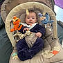 baby, infant, plush_toy, disney_baby, baby_seat, giraffe_toy, tiger_toy, donkey_toy, indoor, soft_fabric, child, cute, clothing, face, person, sitting, toy, comfort, cushion, portrait