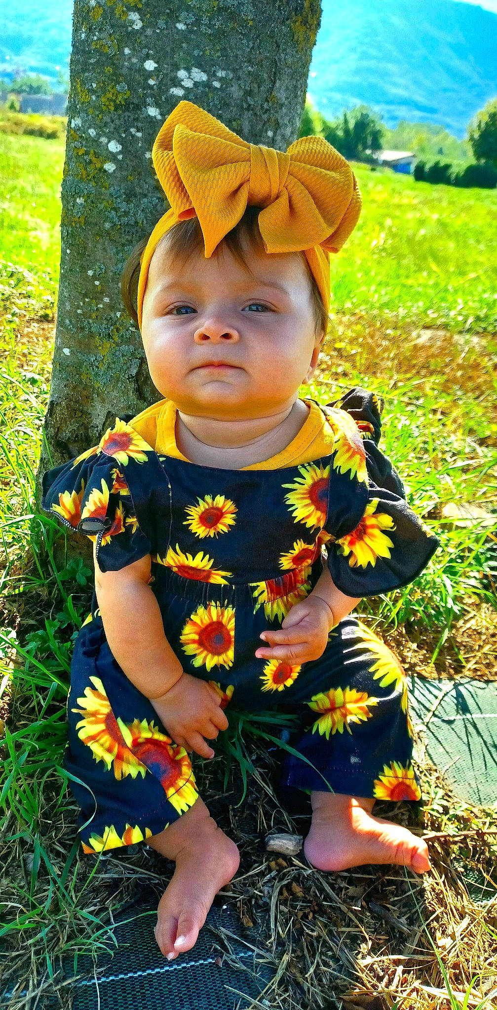 Espinos participe au concours pour gagner de l'argent avec cette photo : baby, baby_toddler_clothing, botany, child, dress, eye, face, garden, grass, happy, head, outerwear, people_in_nature, person, plant, sitting, skin, spring, toddler, tree