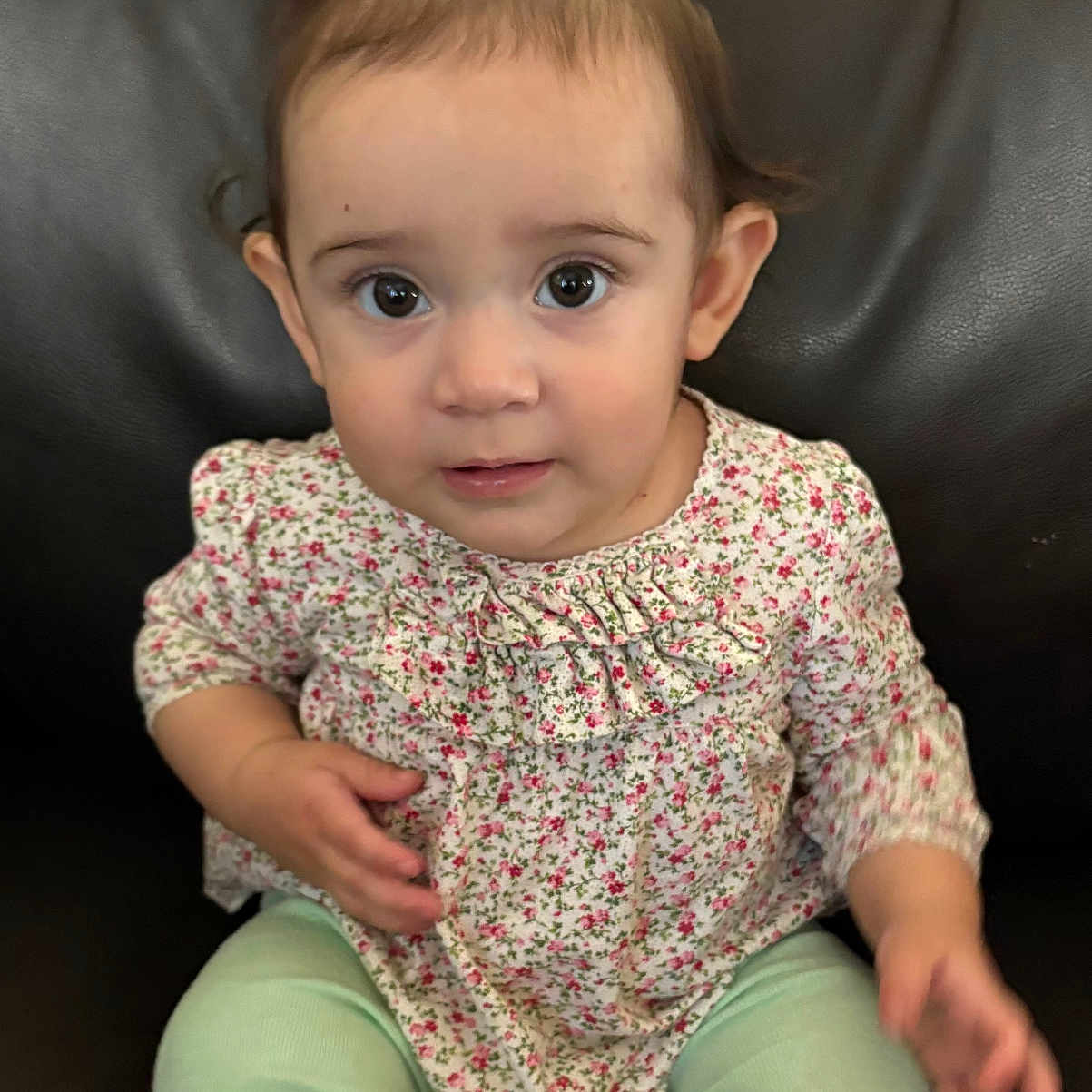 Abigail joined the competition — help win amazing prizes! toddler, child, baby, sitting, pink_bow, floral_top, mint_green_pants, couch, leather, curious, face, eyes, hands, indoor, portrait, cute, young_child, casual_clothing, small_hands, infant