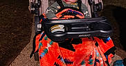 Vance joined the competition — help win amazing prizes! baby, child, sleeping, stroller, blanket, nighttime, outdoor, portrait, infant, seated, harness, carriage, orange_blanket, patterned_blanket, sidewalk, driveway, residential_area, streetlight, flash_photography, tired
