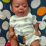 Jayce is registered to the contest to win money with this photo: baby, infant, smile, happy, child, polka_dot, seat, colorful, clothing, sitting, belt, pattern, closeup, cute, indoor, person, young, playful, joyful, portrait