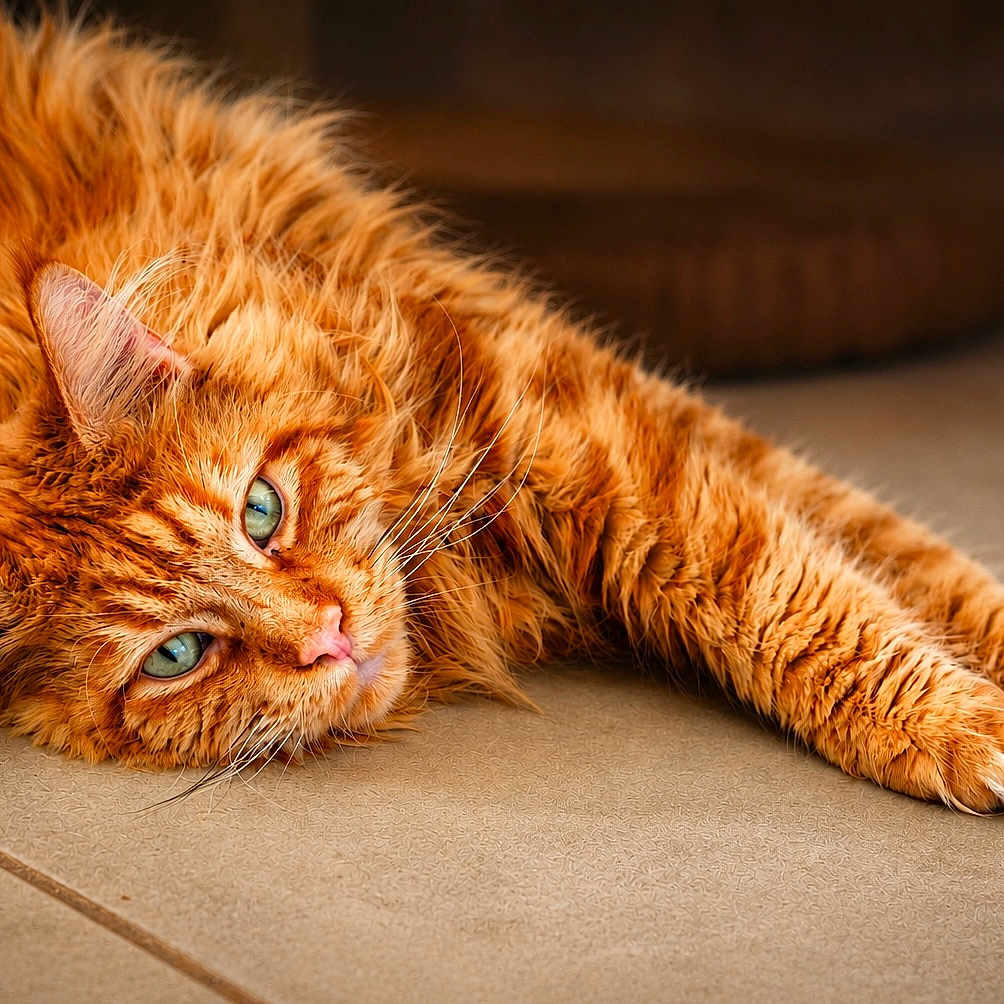 Scotty Dream a rejoint le concours — aidez-le/la à gagner de superbes lots ! cat, orange_cat, tabby, feline, pet, animal, green_eyes, fur, whiskers, relaxing, lying_down, stretching, indoor, floor, tile_floor, close_up, cute, domestic_cat, mammal, portrait