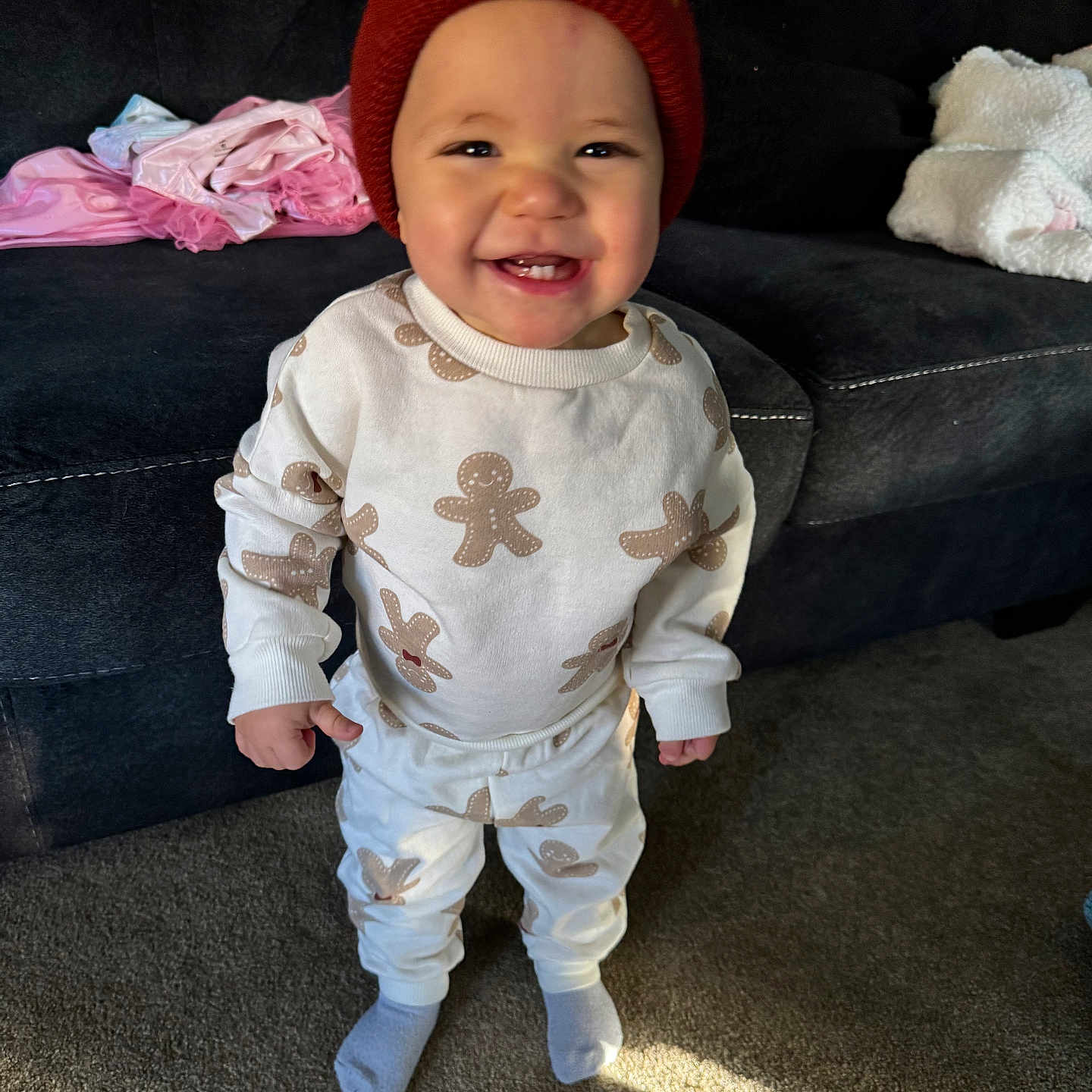 Orion joined the competition — help win amazing prizes! baby, babylaughing, cap, clothing, couch, cushion, face, furniture, happy, hat, head, homedecor, hosiery, laughing, pants, person, photography, portrait, smile, sock